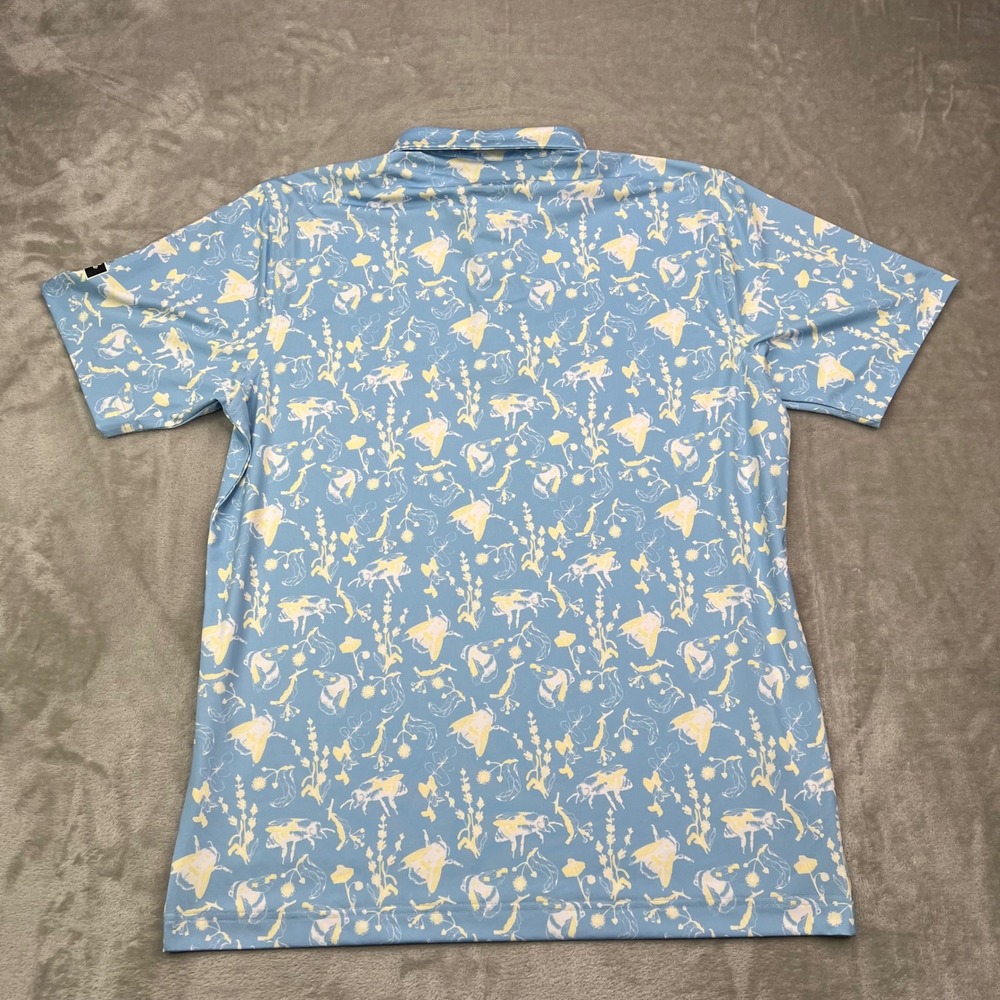 Waggle Buzzin Polo Shirt Mens 2XL Blue Yellow Bee Floral Performance Stretch - Picture 3 of 9